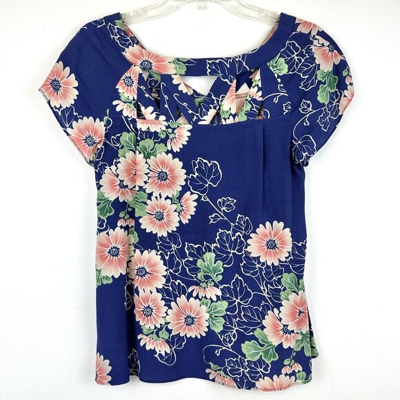 Anthropologie Maeve Floral Cut-out Blouse Top Size 0 Blue Pink - Picture 4 of 9